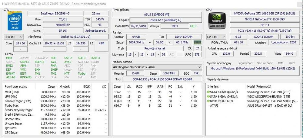 Stacja Graficzna do 3D • 2x Xeon 36c/72t • 64GB RAM• ASUS Z10PE-D8 WS