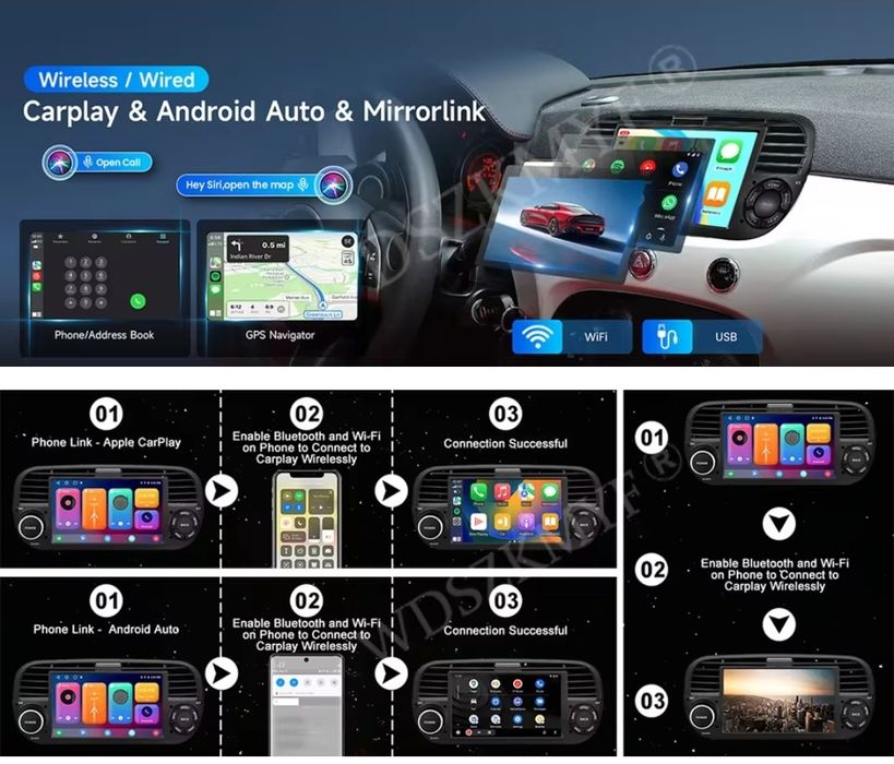 Radio 2 DIN Android Fiat 500  + Carplay + GPS + 2 GB RAM + 64 GB ROM