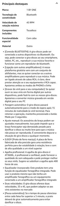 Giradiscos 1byone com Sistema Hi-Fi bluetooth e Altifalantes 36W