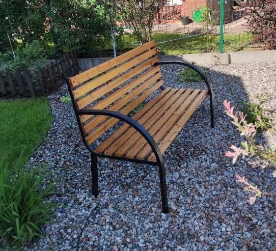 Nowa Ławka Ogrodowa Metalowa 120cm z Oparciem Drewnianym do 180kg Ławeczka Parkowa - FV