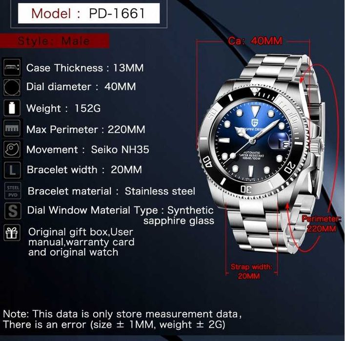 Pagani Design PD-1661 40 mm automatyczny zegarek męski M596