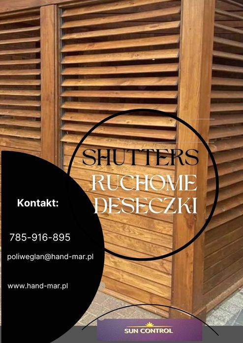 Shutters, żaluzje drewniane, zabudowa tarasu, ruchome deseczki, 3 rozmiary desek
