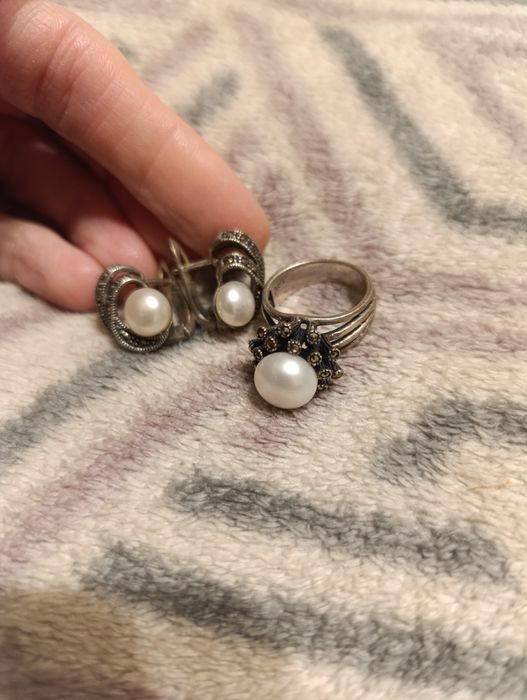 Срібний набір, сережки, каблучка розмір 17