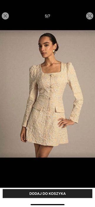 Nowa sukienka elegancka krótka z długim rękawem beżowa z perełkami 36