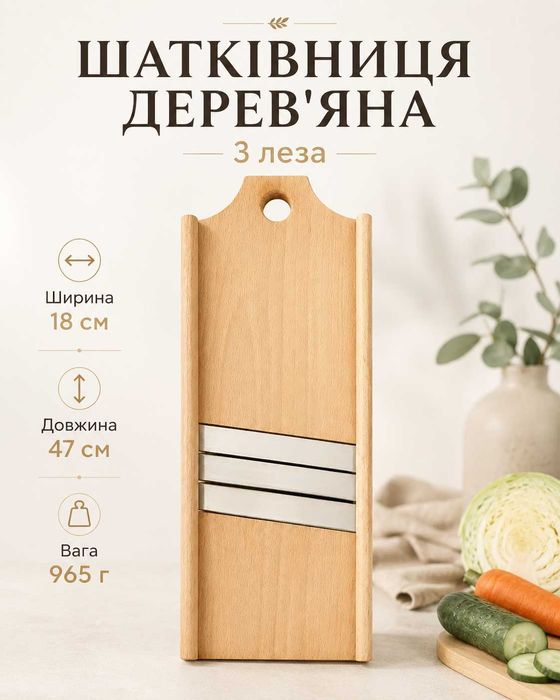 Шинковка деревянная для капусты на 3 ножа 47х18 см, ручная овощерезка из бука