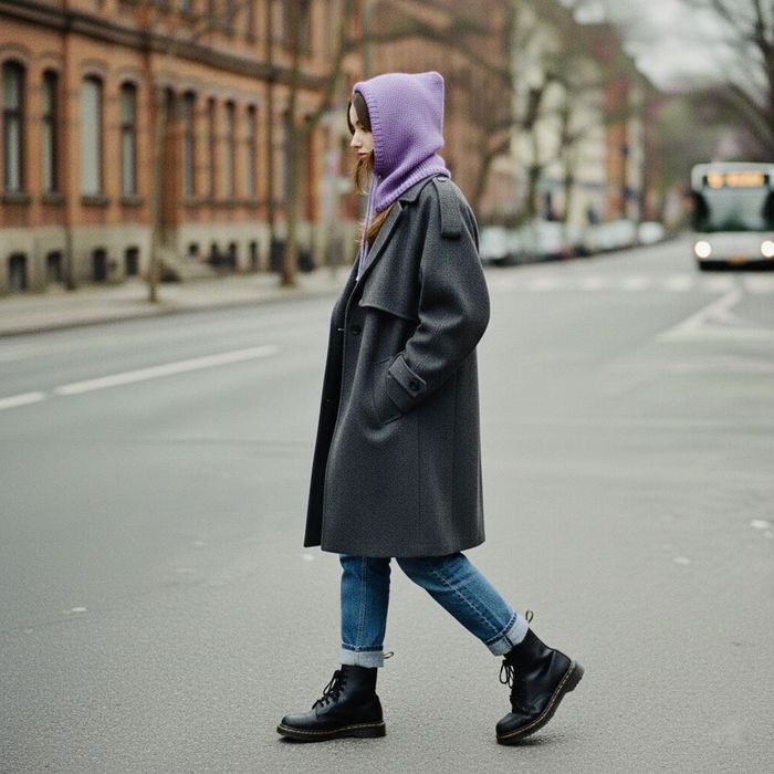 Balaclava oversize kominiarka kaptur zamiast czapki z merino liliowa