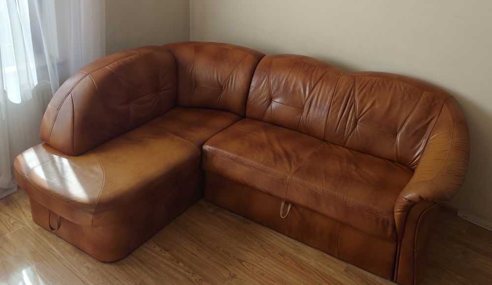 Skórzany narożnik karmelowy + spanie 120x200 | Wygodny | 399 zł