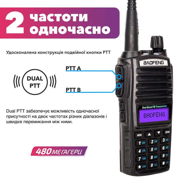 Рація Baofeng UV-82 5W, Батарея Li-ion 1800 мАг UHF/VHF, 128 каналів