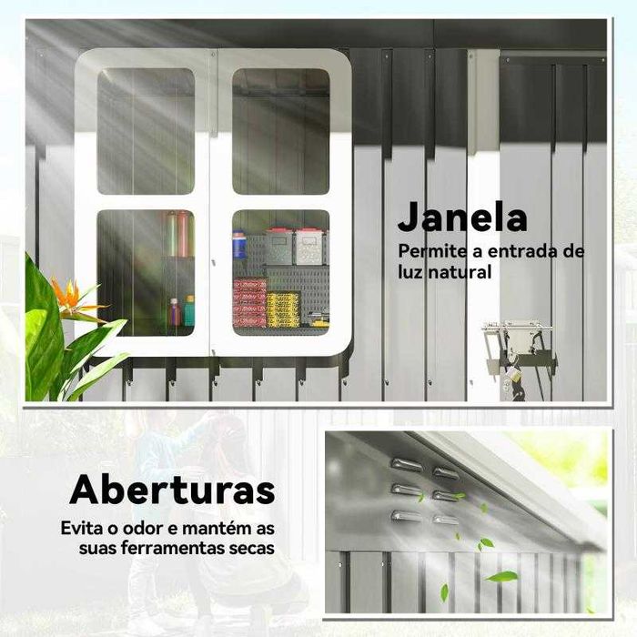 Abrigo de Jardim Metálico – 221x133x190 cm | Com Janela e Fechadura