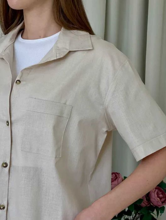 Новий льняний костюм з брюками палаццо та сорочкою