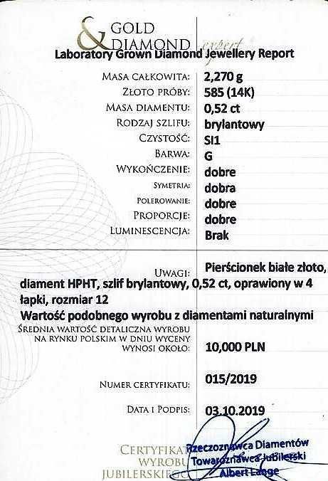 Pierścionek z brylantem 0,52 ct białe złoto pr. 585 likwidacja -55%