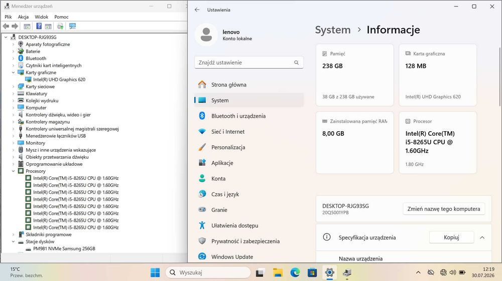 Lenovo ThinkPad L490 / i5-8265U / 8GB-DDR4 / SSD-256GB NVME / FHD-IPS / Windows 11