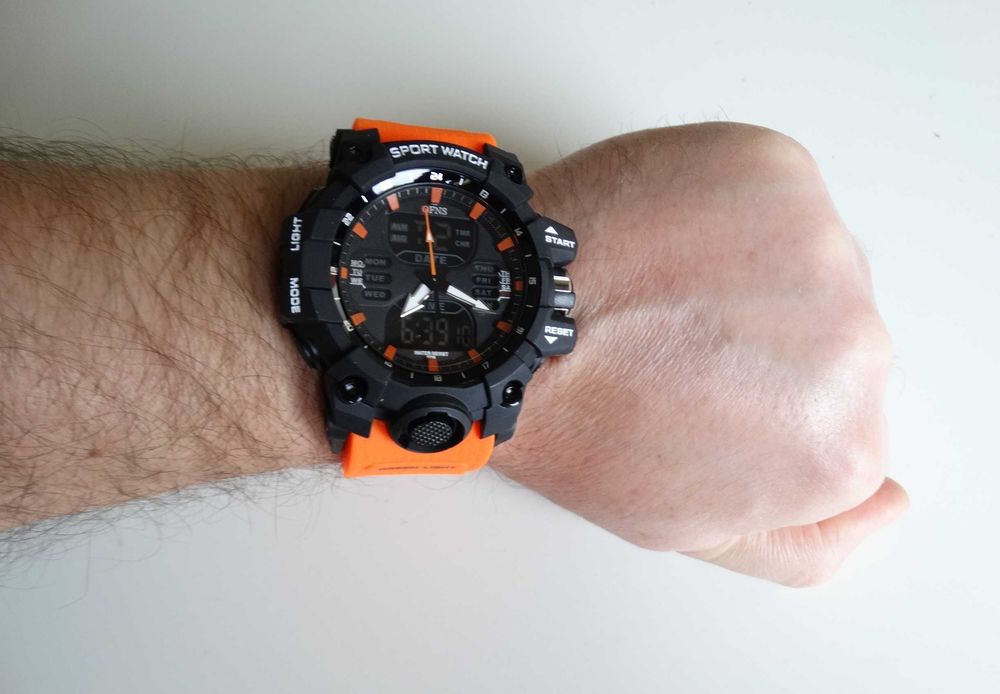 Zegarek męski OFNS elektroniczny timer Dual time pomarańczowy wojskowy