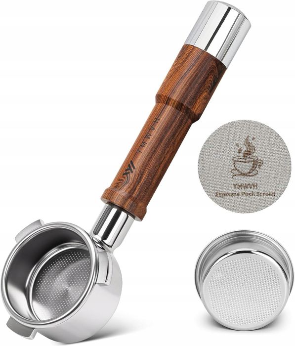 Kolba bez dna 54mm z sitkiem Puck Screen, uchwyt z drewna orzechowego