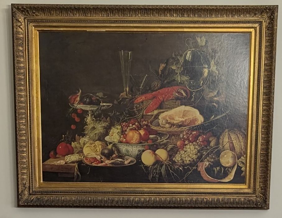 Título: Quadro  – Natureza-Morta Clássica (Lavagante e Frutas) com Moldura Trabalhada Dourada