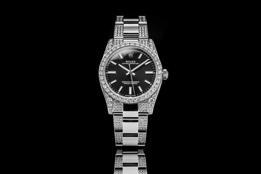 Zegarek Rolex Oyster Perpetual 34mm iced, czarna tarcza