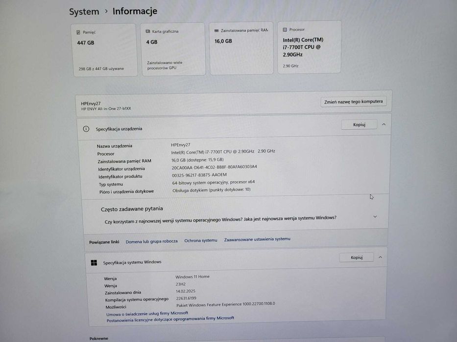 HP ENVY All-in-One 27 i7 4K Cinema Touch Screen Windows 11 16GB Ram