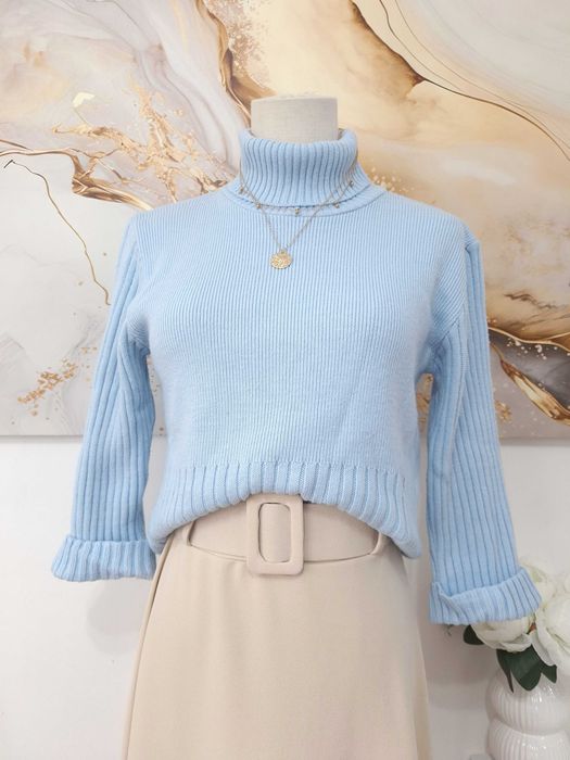 Damski Jasny Niebieski Błękitny Baby Blue Sweter Golf S