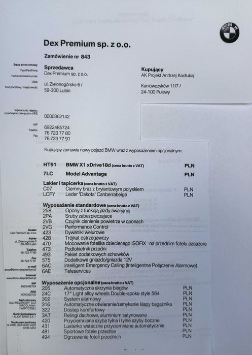 BMW X1 XDrive 18D faktura VAT 23%
