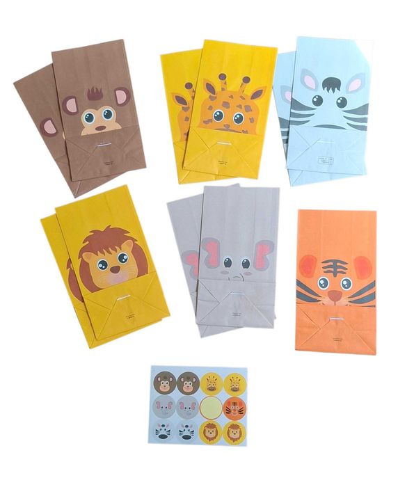 11 Sacos de Papel + Autocolantes Animais da Selva NOVOS