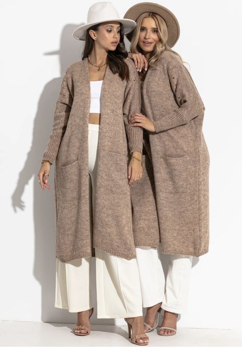 Fobya wełna sweter kardigan beige długi płaszczyk narzutka S / M