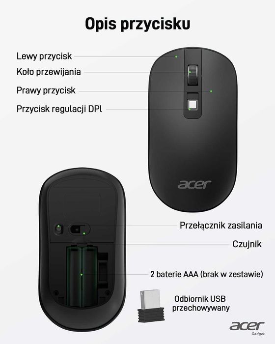 Bezprzewodowa mysz Acer USB, slim, czarna