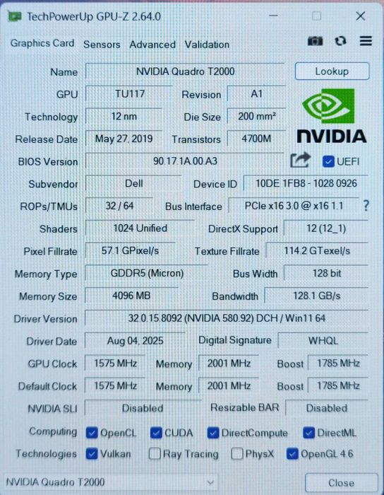 Ноутбук Dell Precision 7540 15,6" IPS Core i5-9400H/16Gb/256SSD/T2000