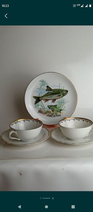 Zestaw porcelanowy dwa Duo i talerzyk deserowy. Vintage.