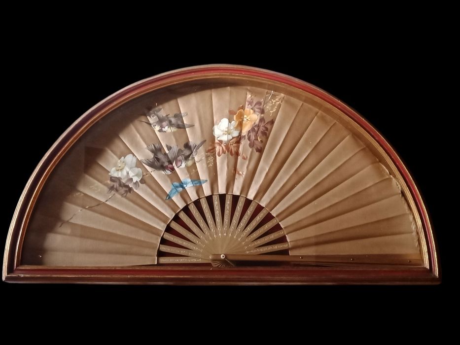 Antique hand-painted silk fan mounted in a wooden box