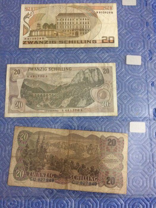 ÁUSTRIA 3 Notas de 20 Schilings usadas, em BC de 1956, 1967 e 1986
