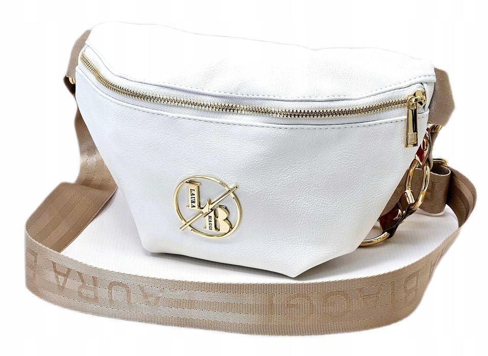 Laura Biaggi Torebka Damska Nerka Saszetka Biała Skórzana Pasek Logo