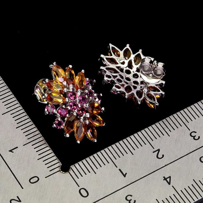 Серьги из серебра 925 пробы с цитрином, родолит гранатом