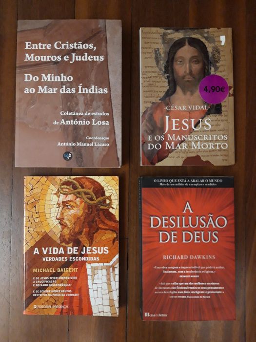 4 livros sobre religião: Dawkins, Baigent, Vidal, António Losa