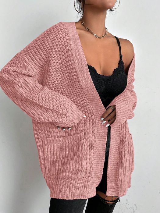 Kardigan Sweter Dzianinowy Bez Zapięcia Różowy Casual Shein S 36