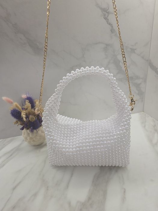 Сумка багет з намистин / бусин біла з підкладкою