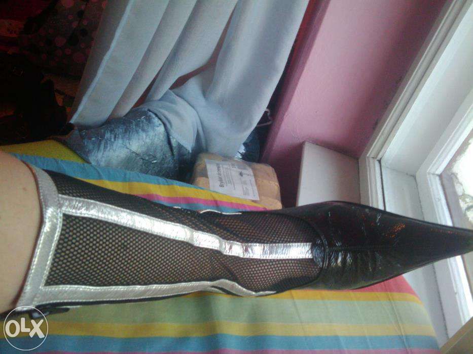 Kozaki Siatka SKÓRA Czarne Srebro SZPILE 39