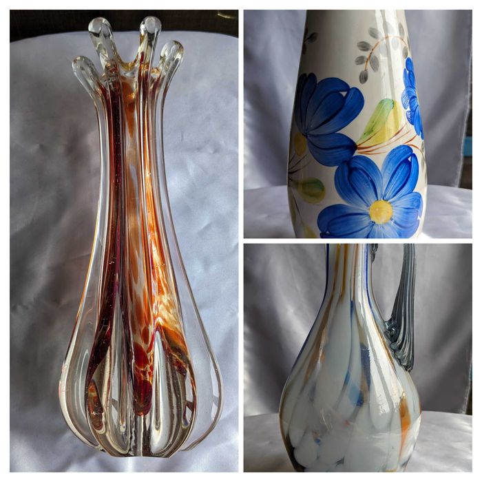 Ваза  гутное стекло, расписная майолика