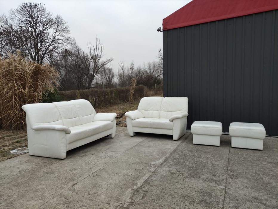 Sofa skórzana 3-osobowa+2-osobowa+2 pufy-skóra naturalna OKAZJA