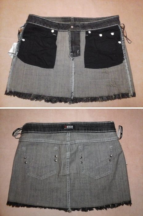Джинсовая юбка с заклепками и бахромой