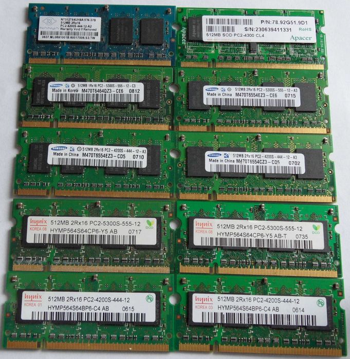 Pamięć RAM  DDR2 1  Gb 10 szt.+ 512  Mb 10 szt.