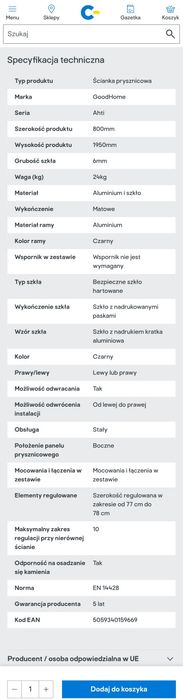 Ścianka kabina prysznicowa Szyba
