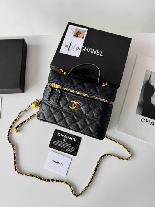 Сумка Chanel Vanity Long Black, шкіряна чорна жіноча сумка шанель, бочонок