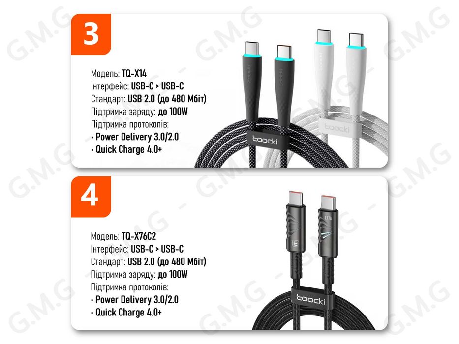 Кабелі TOOCKI USB-C/USB-А/Lightning, 20W/36W/66W/100W/240W, 1м/2м/3м
