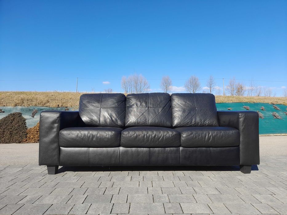 Fotel trzyosobowy sofa czarna skóra naturalna