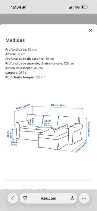 Sofá IKEA EKTORP 3 Lugares com Chaise Longue – Como Novo