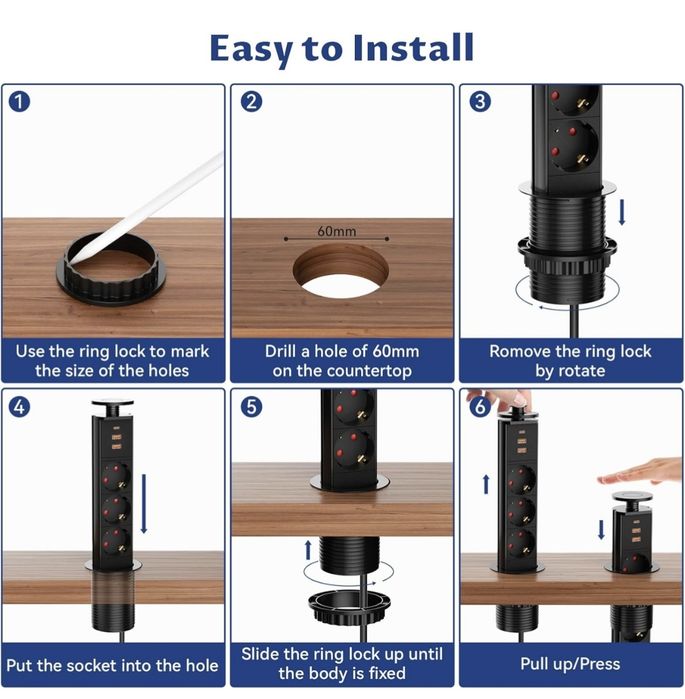 Tomada embutida retrátil de 3 tomadas com 2 × USB-A + 1 × USB-C, régua retrátil para mesa