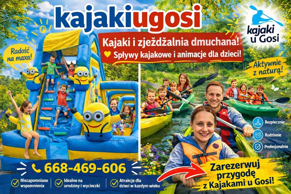 Dmuchaniec, zamek zjeżdzalnia dmuchana kajaki spływy kajakowe