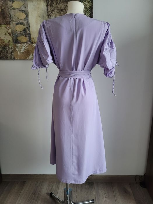 Długa liliowa sukienka retro boho vintage rural style szerokie rękawy