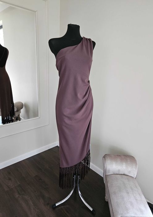 Sukienka maxi z fredzlami na jedno rame asos L 4p