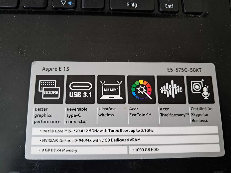 Laptop ACER E15-572G I5-7200U 8GB RAM Zasilacz